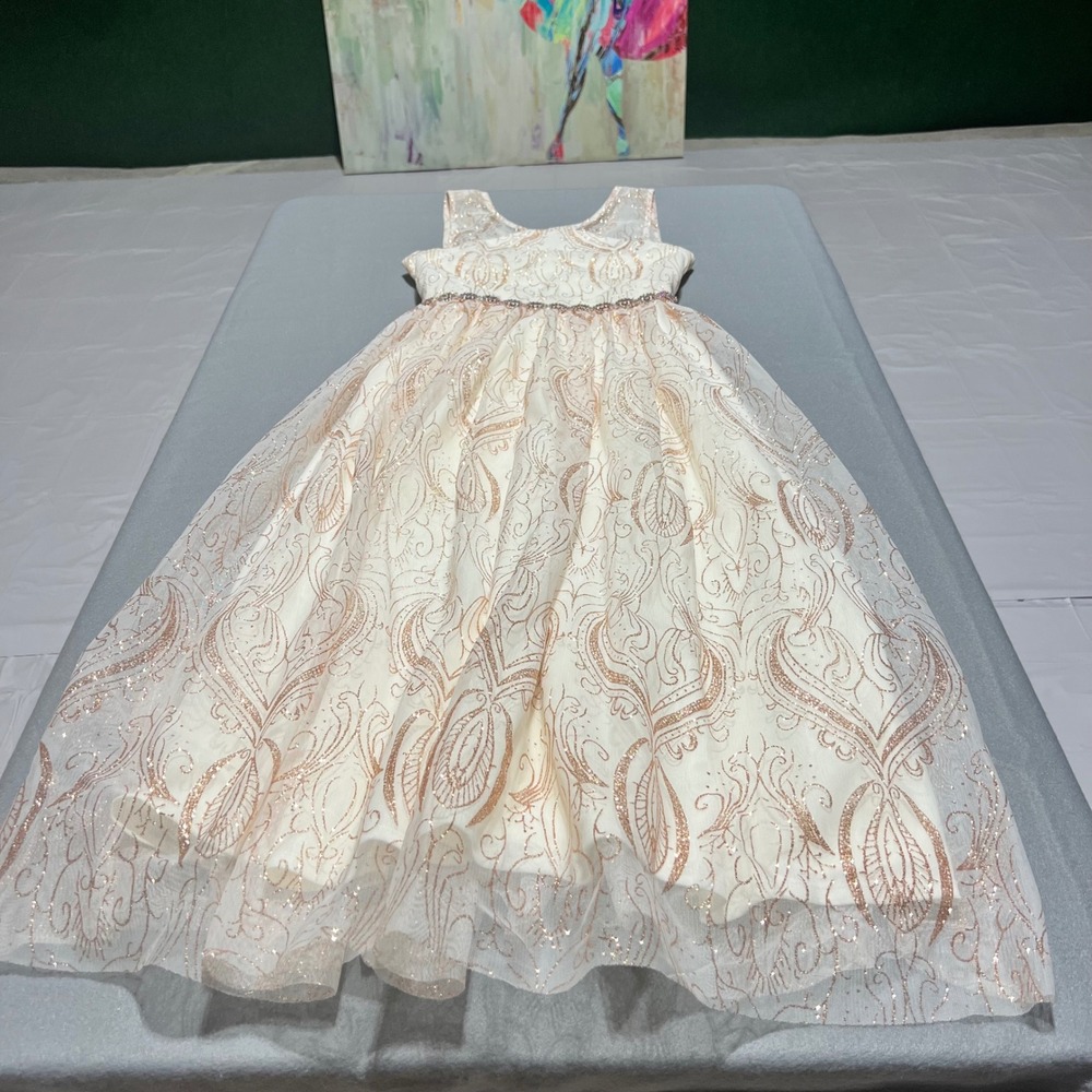 Rare Editions Girls 14 Rose Gold Glitter Damask Rhinestone Formal Gown Dress - Picture 13 of 14